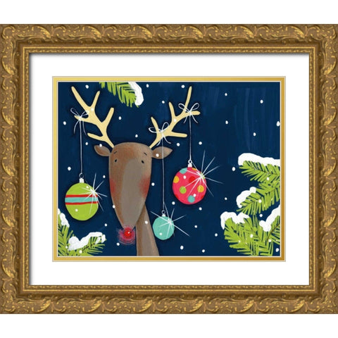 Bright Christmas Deer Blue Gold Ornate Wood Framed Art Print with Double Matting by Tavoletti, Anne