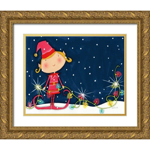 Bright Christmas Lights Elf Blue Gold Ornate Wood Framed Art Print with Double Matting by Tavoletti, Anne