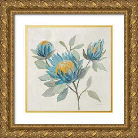 Field Floral II Blue Gold Ornate Wood Framed Art Print with Double Matting by Vassileva, Silvia