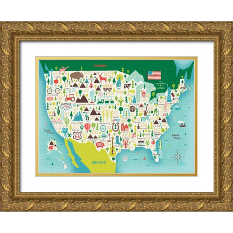 Illustrate USA waves Gold Ornate Wood Framed Art Print with Double Matting by Mullan, Michael