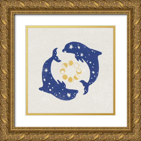 Star Dolphins Gold Ornate Wood Framed Art Print with Double Matting by Hershey, Moira