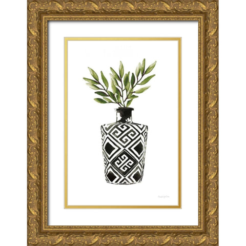 Geometric Vases III Green Gold Ornate Wood Framed Art Print with Double Matting by Charro, Mercedes Lopez