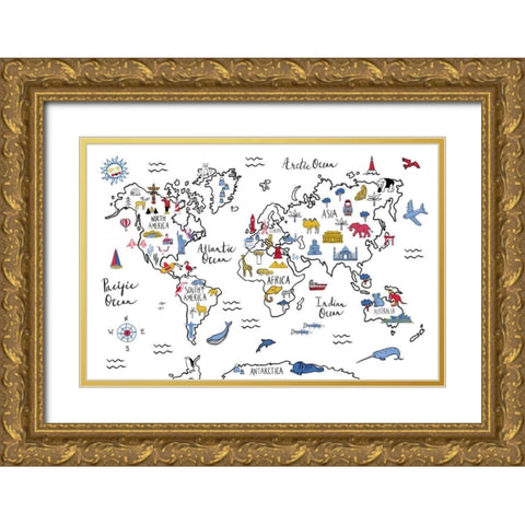 World Map Gold Ornate Wood Framed Art Print with Double Matting by Zaman, Farida