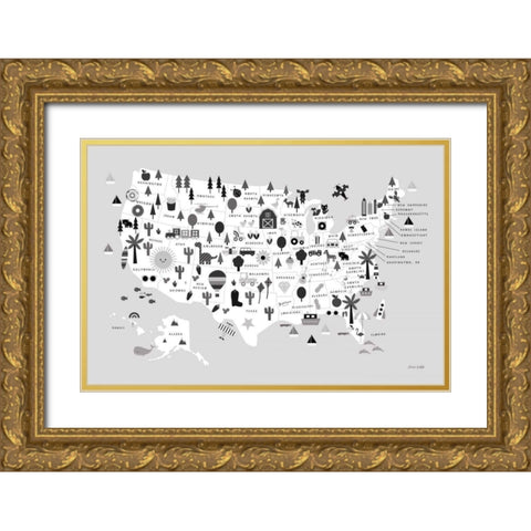 Fun USA Map BW Gold Ornate Wood Framed Art Print with Double Matting by Kelle, Ann