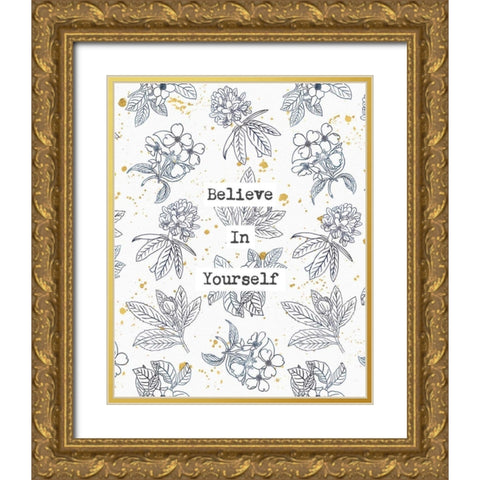 Indigo Blooms Believe Gold Ornate Wood Framed Art Print with Double Matting by Wild Apple Portfolio