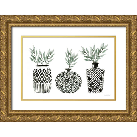 Geometric Vases I Green Gold Ornate Wood Framed Art Print with Double Matting by Charro, Mercedes Lopez