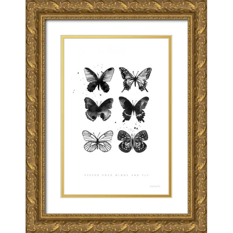 Six Inky Butterflies Gold Ornate Wood Framed Art Print with Double Matting by Charro, Mercedes Lopez