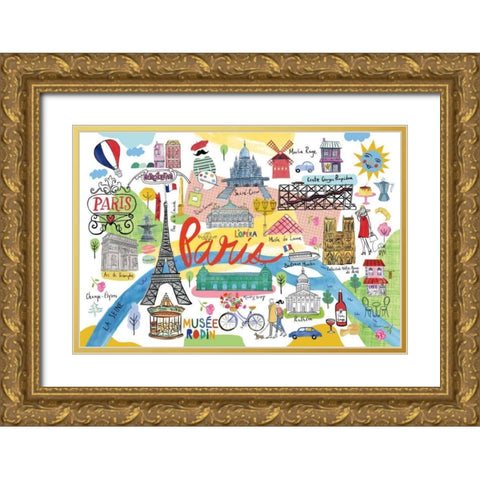 Paris Map Gold Ornate Wood Framed Art Print with Double Matting by Zaman, Farida