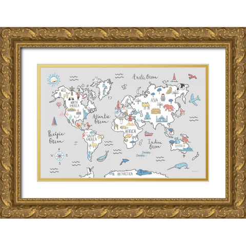 World Map Pastel Gold Ornate Wood Framed Art Print with Double Matting by Zaman, Farida