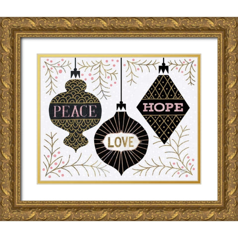 Jolly Holiday Ornaments Peace Love Joy Gold Ornate Wood Framed Art Print with Double Matting by Mullan, Michael