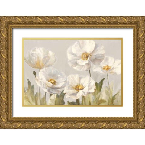 White Anemones Gold Ornate Wood Framed Art Print with Double Matting by Nai, Danhui
