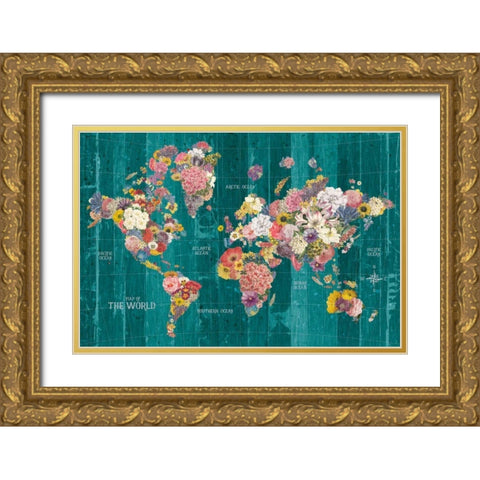 Botanical Floral Map Words Aqua Gold Ornate Wood Framed Art Print with Double Matting by Wild Apple Portfolio