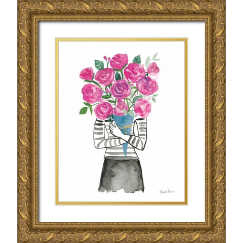 Roses are Pink Gold Ornate Wood Framed Art Print with Double Matting by Zaman, Farida