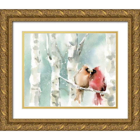 Christmas Cardinals Gold Ornate Wood Framed Art Print with Double Matting by Pete, Katrina