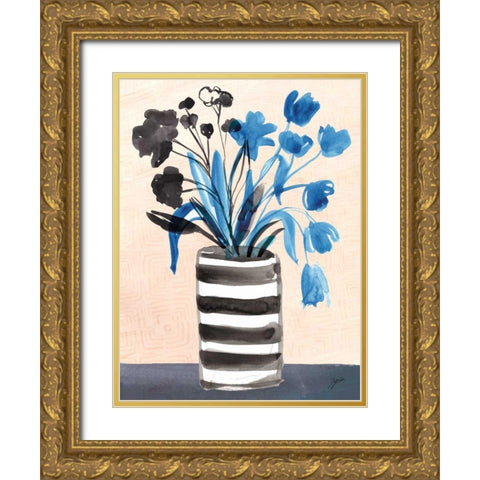 Blue Blooms Gold Ornate Wood Framed Art Print with Double Matting by Panganiban, Karyn