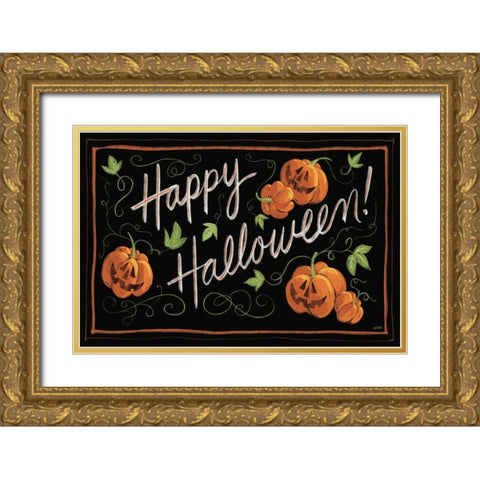 Happy Halloween Jack O Lanterns Gold Ornate Wood Framed Art Print with Double Matting by Tavoletti, Anne