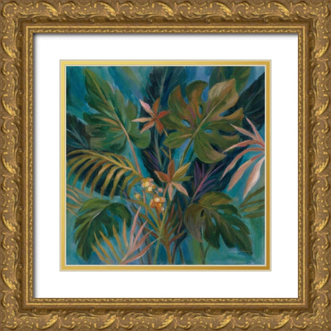 Midnight Tropical Leaves Gold Ornate Wood Framed Art Print with Double Matting by Vassileva, Silvia