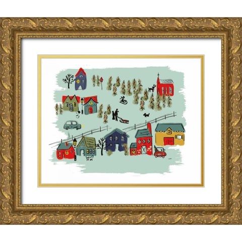 Winter Village I Green Gold Ornate Wood Framed Art Print with Double Matting by York, Leah