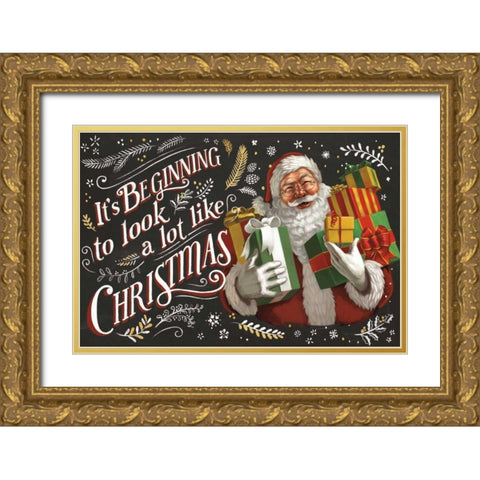 Santas List IV Black Gold Ornate Wood Framed Art Print with Double Matting by Penner, Janelle