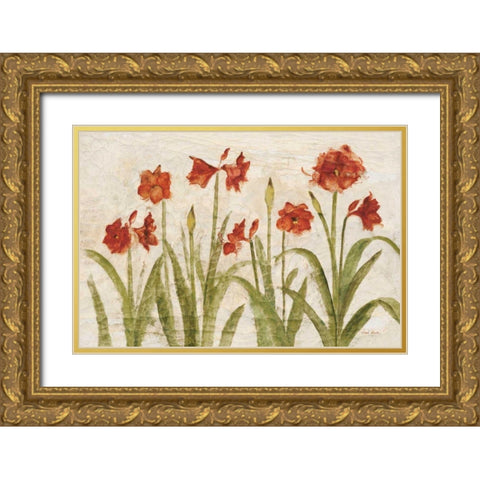 Row of Red Amaryllis Light Gold Ornate Wood Framed Art Print with Double Matting by Blum, Cheri