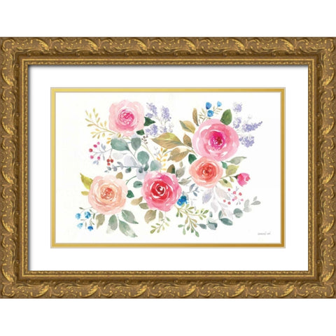 Lush Roses II Horizontal Gold Ornate Wood Framed Art Print with Double Matting by Nai, Danhui