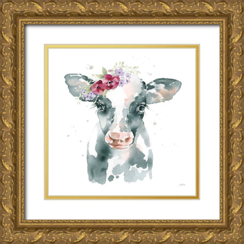 Floral Cow Pink Sq Gold Ornate Wood Framed Art Print with Double Matting by Pete, Katrina