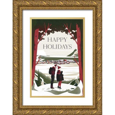 Happy Holidays Red Gold Ornate Wood Framed Art Print with Double Matting by Escalante, Omar