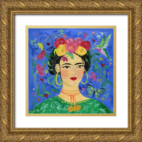 Frida Blue Gold Ornate Wood Framed Art Print with Double Matting by Zaman, Farida