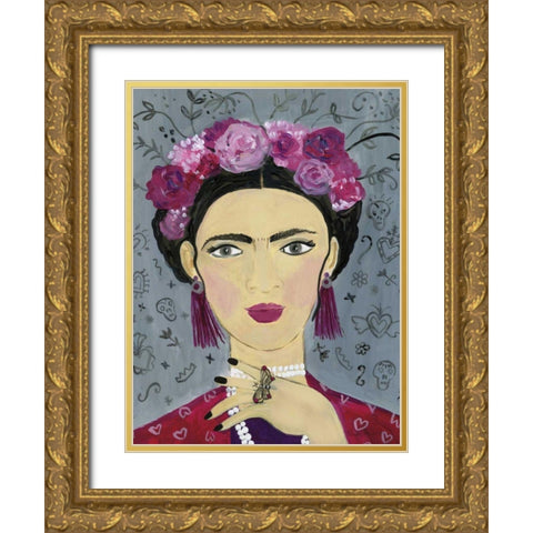 Frida Gray Gold Ornate Wood Framed Art Print with Double Matting by Zaman, Farida