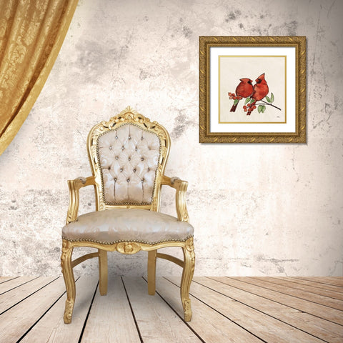 Christmas Lovebirds IX No Gold Gold Ornate Wood Framed Art Print with Double Matting by Penner, Janelle
