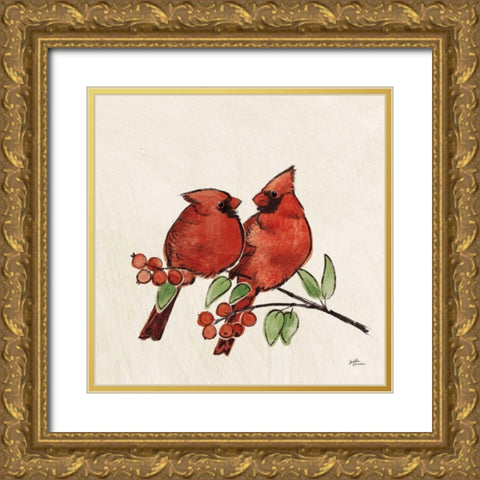 Christmas Lovebirds IX No Gold Gold Ornate Wood Framed Art Print with Double Matting by Penner, Janelle