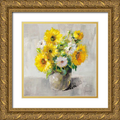 Sunflower Still Life I on Gray Gold Ornate Wood Framed Art Print with Double Matting by Nai, Danhui