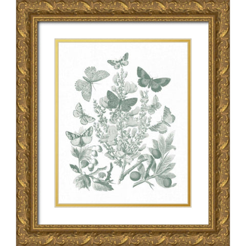 Butterfly Bouquet II Sage Gold Ornate Wood Framed Art Print with Double Matting by Wild Apple Portfolio