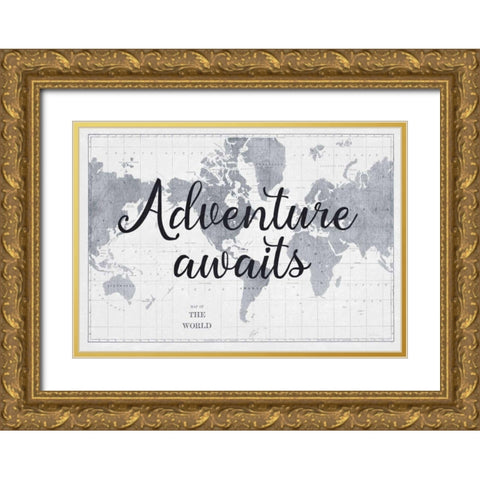 World Map Gray Gold Ornate Wood Framed Art Print with Double Matting by Schlabach, Sue