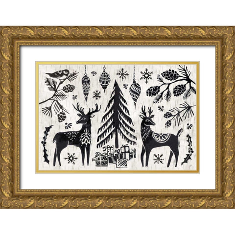 Woodcut Christmas I Gold Ornate Wood Framed Art Print with Double Matting by Brissonnet, Daphne