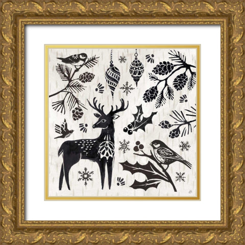 Woodcut Christmas III Gold Ornate Wood Framed Art Print with Double Matting by Brissonnet, Daphne