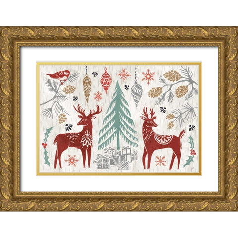 Woodcut Christmas I Color Gold Ornate Wood Framed Art Print with Double Matting by Brissonnet, Daphne