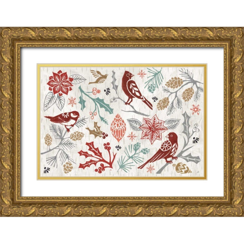 Woodcut Christmas II Color Gold Ornate Wood Framed Art Print with Double Matting by Brissonnet, Daphne