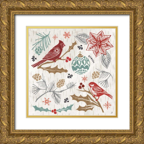 Woodcut Christmas VI Color Gold Ornate Wood Framed Art Print with Double Matting by Brissonnet, Daphne