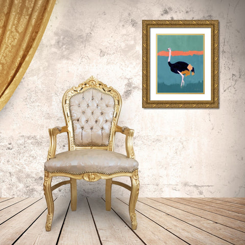 Ostrich Gold Ornate Wood Framed Art Print with Double Matting by Munger, Pamela