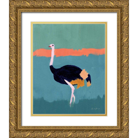Ostrich Gold Ornate Wood Framed Art Print with Double Matting by Munger, Pamela