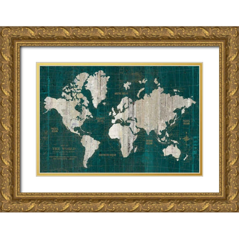 Old World Map Teal Gold Ornate Wood Framed Art Print with Double Matting by Wild Apple Portfolio