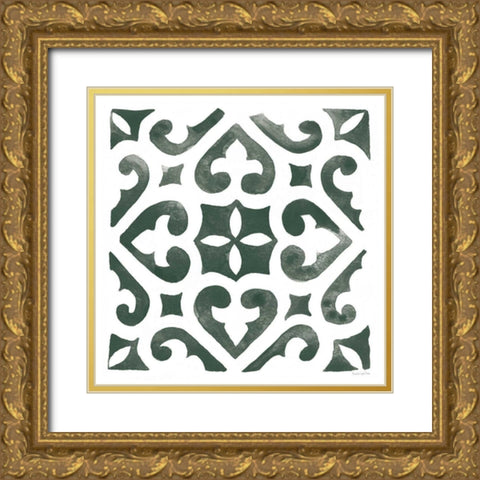 Andalusian Tile I Pine Green Gold Ornate Wood Framed Art Print with Double Matting by Charro, Mercedes Lopez