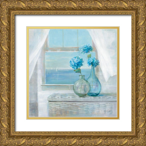 Beach House Hydrangeas Gold Ornate Wood Framed Art Print with Double Matting by Nai, Danhui