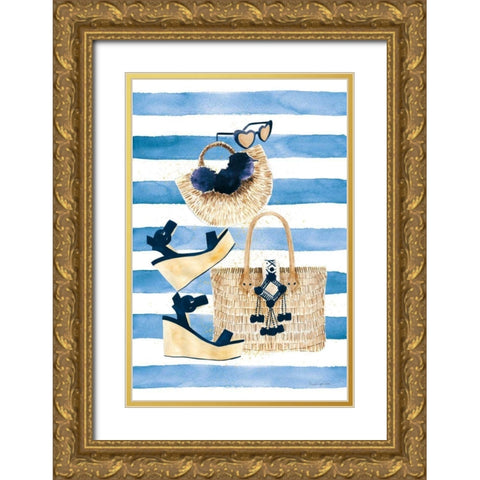 Beach Glam I Navy on Stripes Gold Ornate Wood Framed Art Print with Double Matting by Charro, Mercedes Lopez