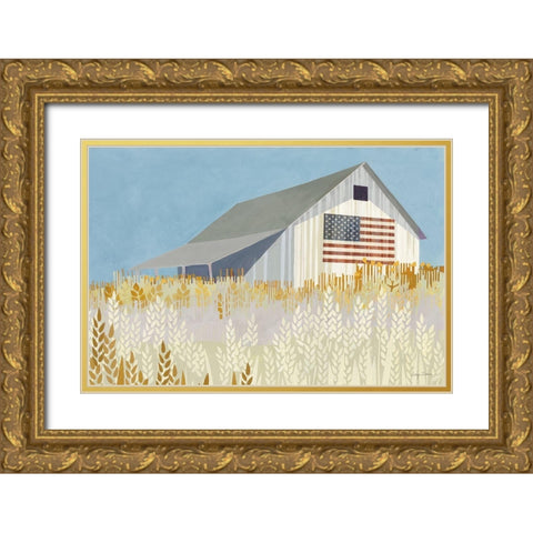 Wheat Fields Barn with Flag Gold Ornate Wood Framed Art Print with Double Matting by Tillmon, Avery