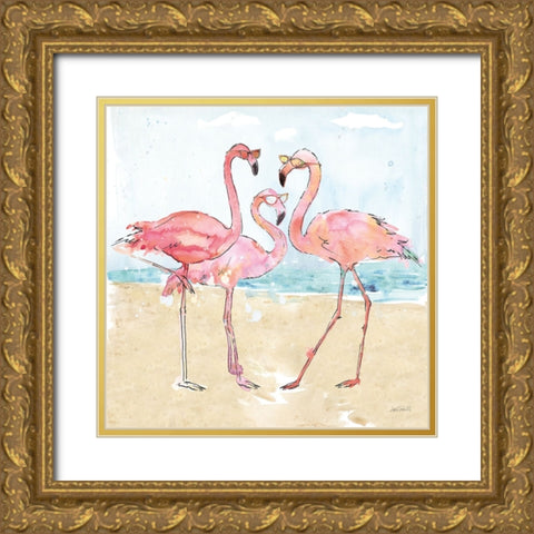 Flamingo Fever Beach Gold Ornate Wood Framed Art Print with Double Matting by Tavoletti, Anne