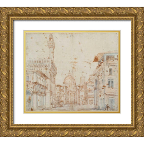 Firenze Perspective Gold Ornate Wood Framed Art Print with Double Matting by Peruzzi, Baldassare
