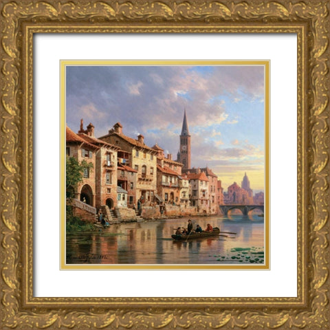 Riverside Village I Gold Ornate Wood Framed Art Print with Double Matting by Kuwasseg, Charles