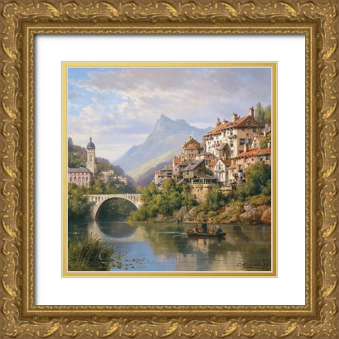 Riverside Village II Gold Ornate Wood Framed Art Print with Double Matting by Kuwasseg, Charles